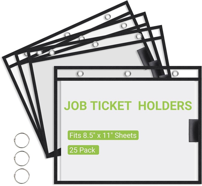 suituts 12 Pack Horizontal Job Ticket Holders with 3 Rings Fit for 8.5 x 11 Inch Work Order Plastic Sleeves for Documents 10 x 12.5 Dry Erase Pockets Reusable (Black) - Image 5